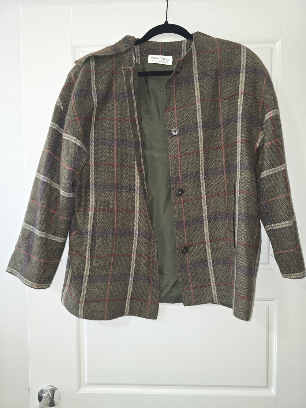 Albert Nipon Olive Plaid Button-Front Coat Jacket